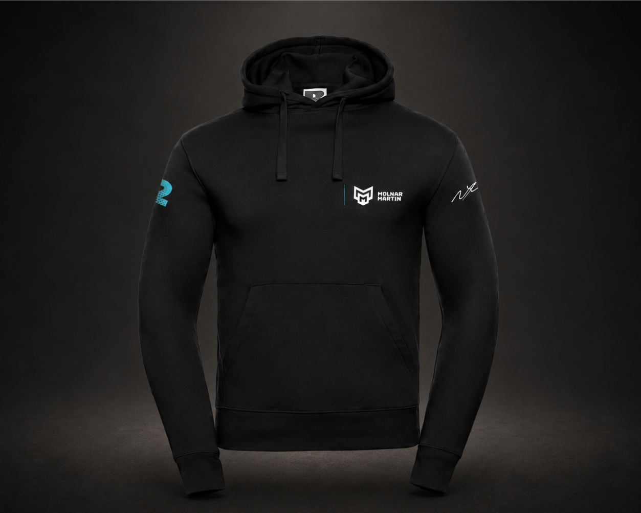Black hoodie with logos on a dark background