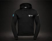 Black hoodie with logos on a dark background