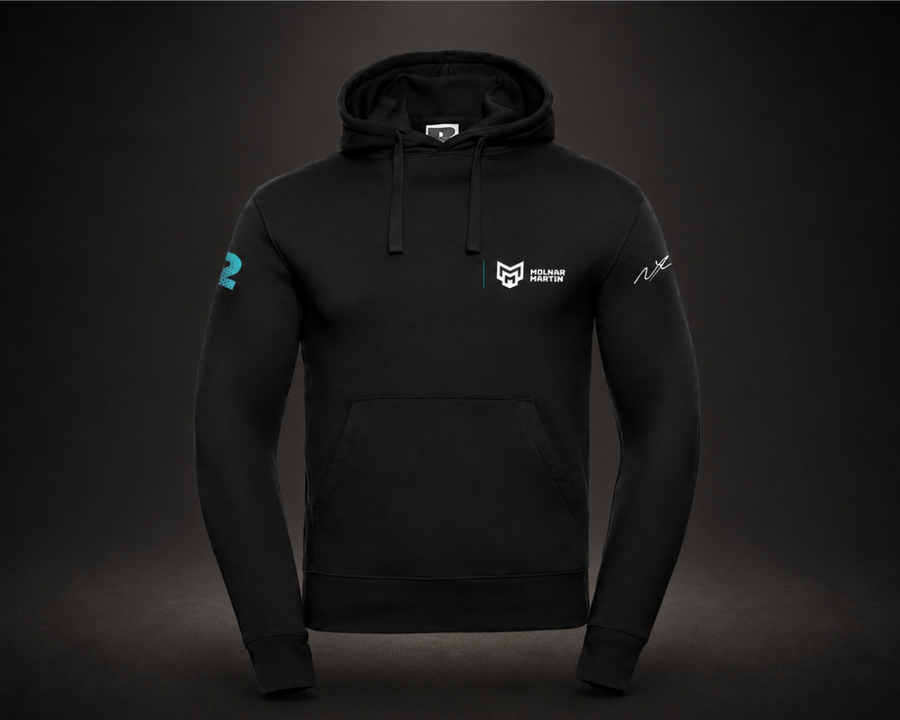 Black hoodie with logos on a dark background